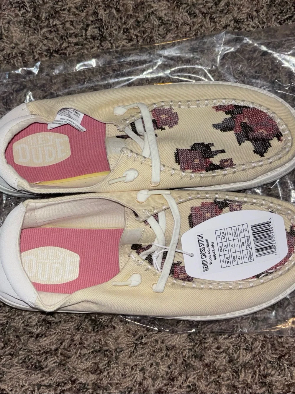 Hey Dude Women Wendy Cross Stitch Canvas Loafer Wood Ash Multi Shoes Size 10 New